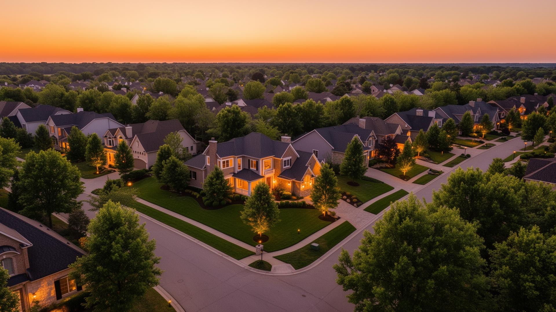 Aerial view of a residential neighborhood at sunset